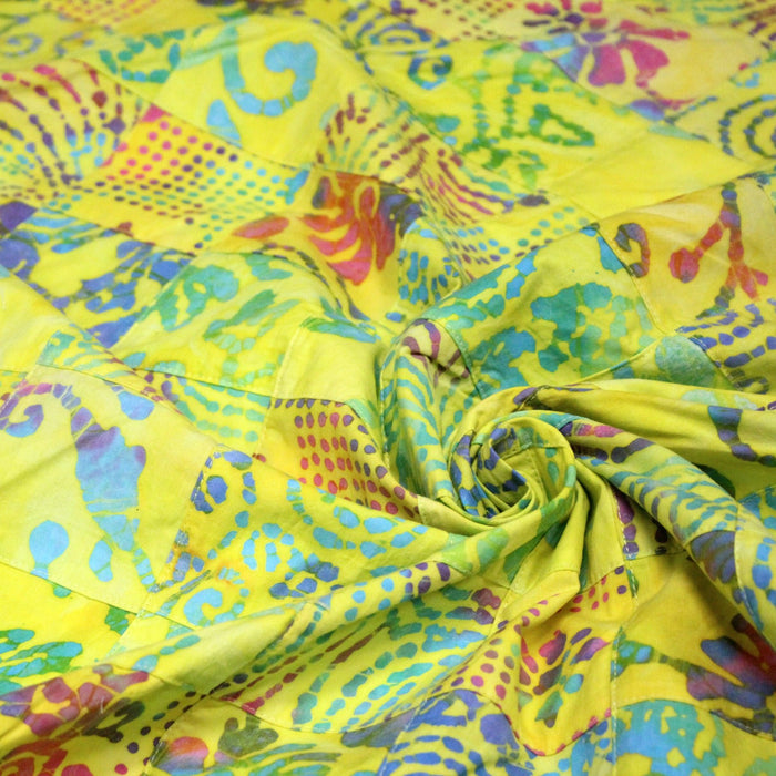 Tissu coton block print patchwork de motifs indiens, tons jaune citron, vert, rose - MADE IN INDIA