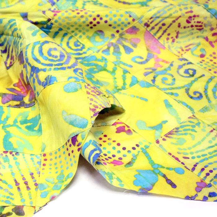 Tissu coton block print patchwork de motifs indiens, tons jaune citron, vert, rose - MADE IN INDIA