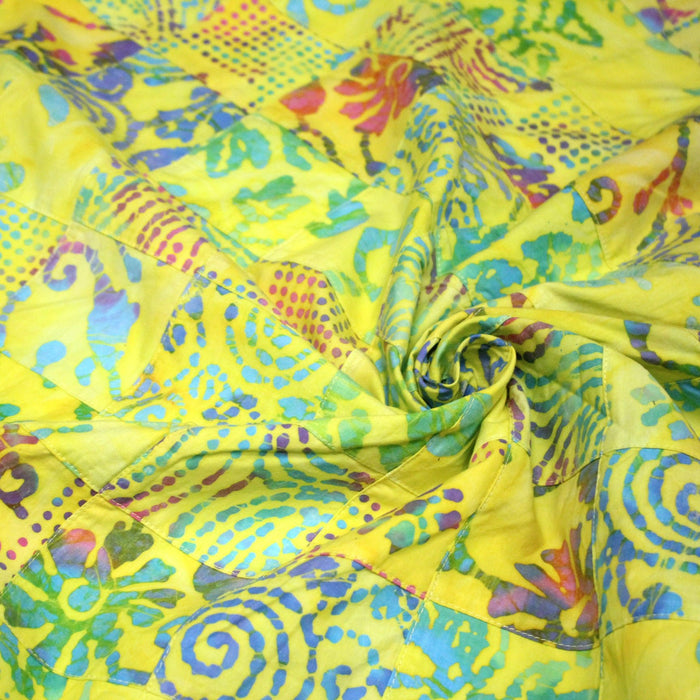 Tissu coton block print patchwork de motifs indiens, tons jaune citron, vert, rose - MADE IN INDIA