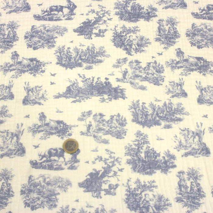 Tissu double gaze imprimée motif Toile de Jouy bleu OBER, fond écru - Fabrication française