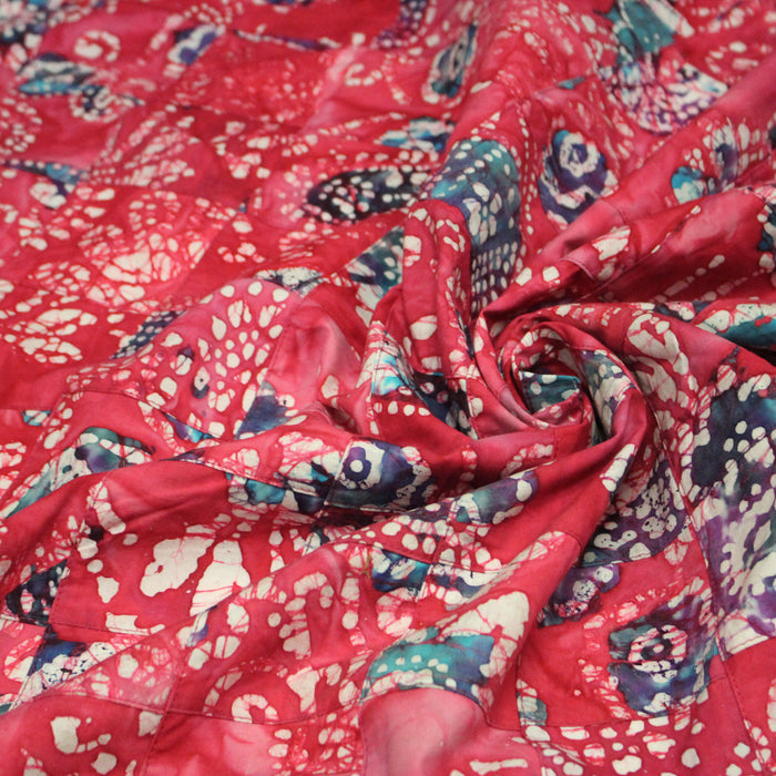 Tissu coton block print patchwork de motifs indiens, tons rose fuchsia, bleu, blanc - MADE IN INDIA - TissusPapi.com