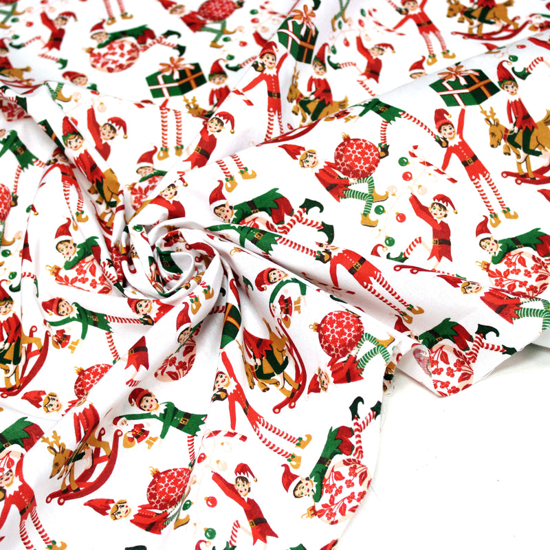 Tissu cotonnade de NOËL – La farandole des lutins, fond blanc - OEKO-TEX STANDARD 100