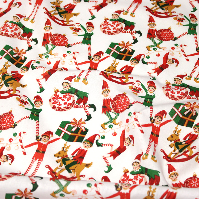Tissu cotonnade de NOËL – La farandole des lutins, fond blanc - OEKO-TEX STANDARD 100