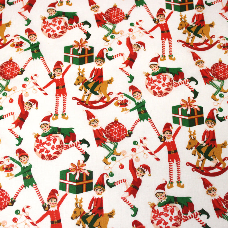 Tissu cotonnade de NOËL – La farandole des lutins, fond blanc - OEKO-TEX STANDARD 100