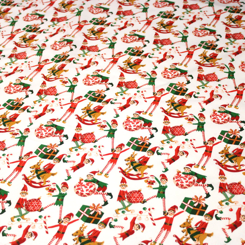 Tissu cotonnade de NOËL – La farandole des lutins, fond blanc - OEKO-TEX STANDARD 100