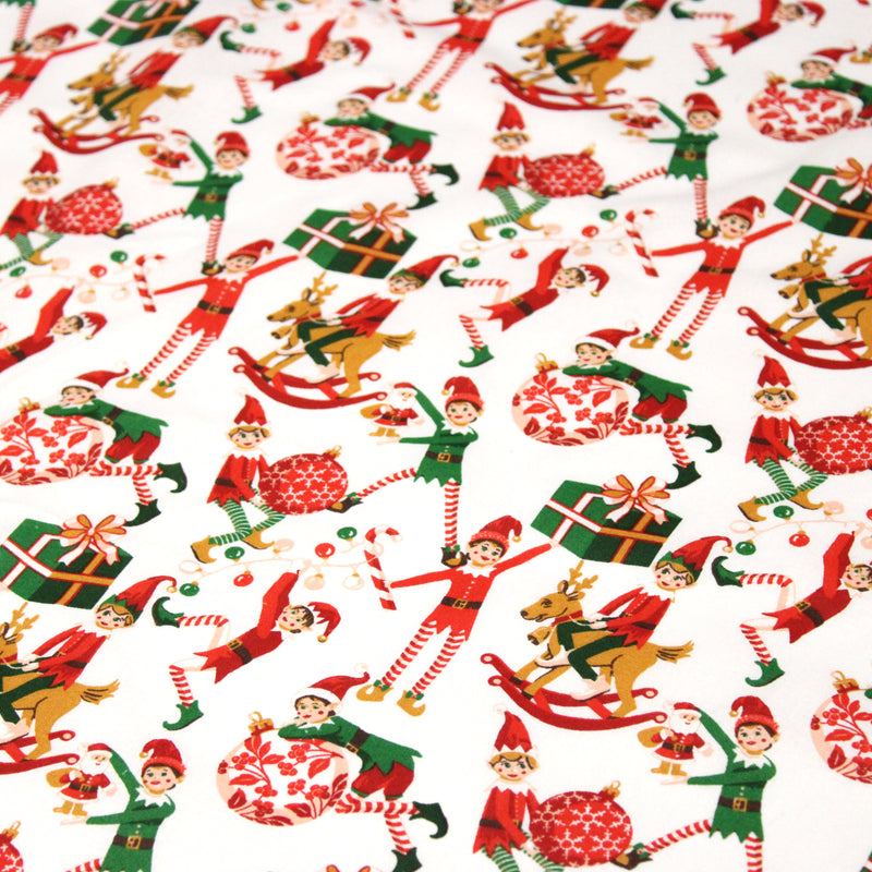 Tissu cotonnade de NOËL – La farandole des lutins, fond blanc - OEKO-TEX STANDARD 100