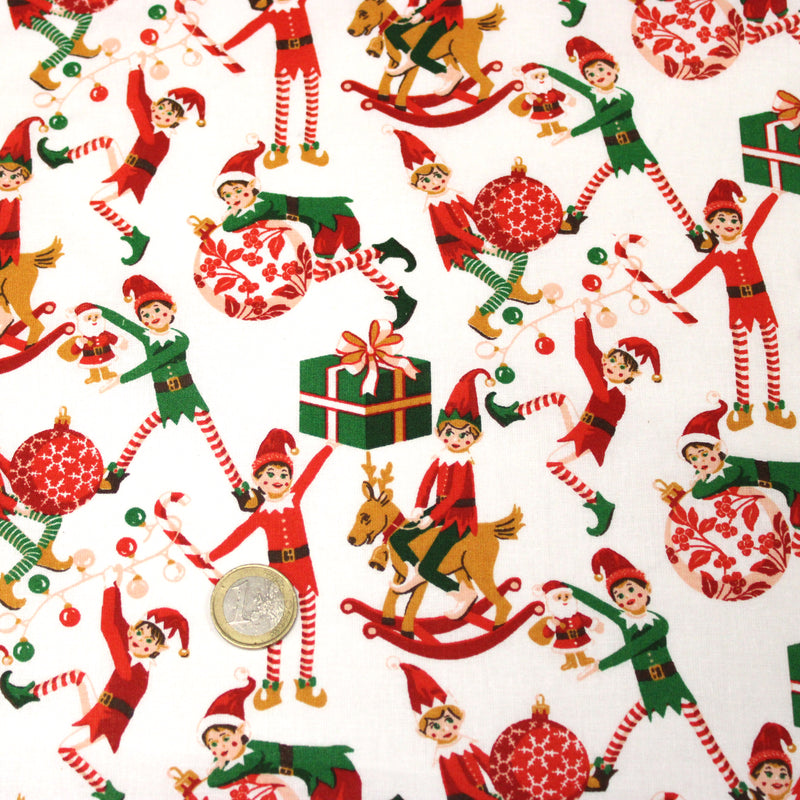 Tissu cotonnade de NOËL – La farandole des lutins, fond blanc - OEKO-TEX STANDARD 100