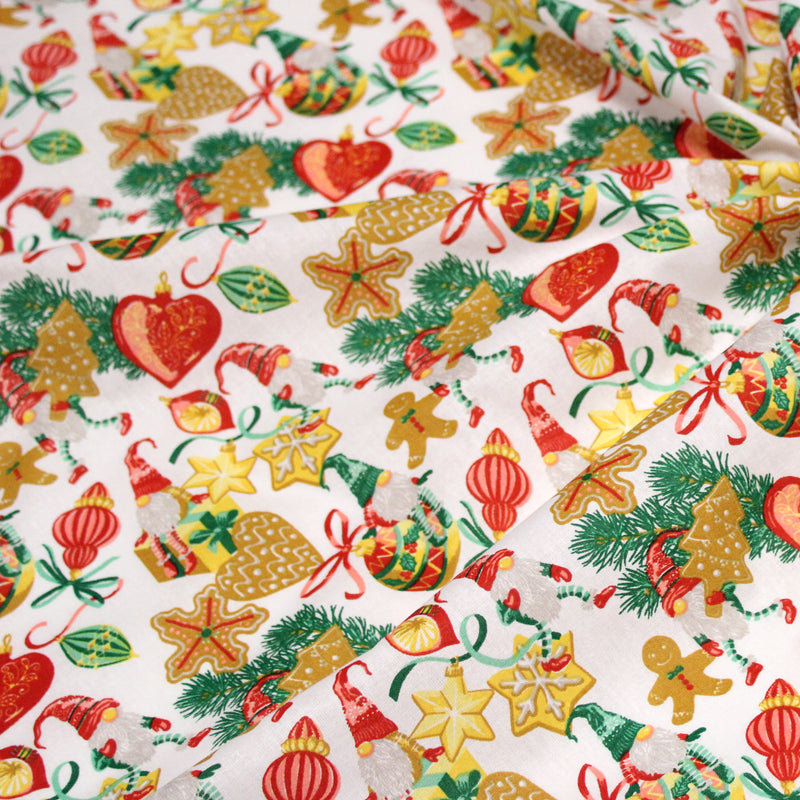 Tissu cotonnade de NOËL – Gnomes et douceurs de fête, fond blanc - OEKO-TEX STANDARD 100