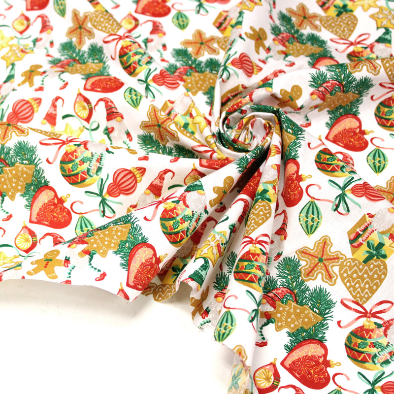 Tissu cotonnade de NOËL – Gnomes et douceurs de fête, fond blanc - OEKO-TEX STANDARD 100