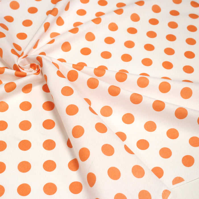 Tissu coton blanc à pois oranges 18mm - COLLECTION POLKA DOT