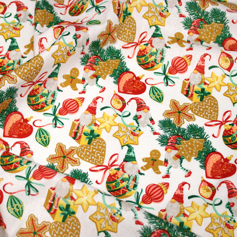 Tissu cotonnade de NOËL – Gnomes et douceurs de fête, fond blanc - OEKO-TEX STANDARD 100
