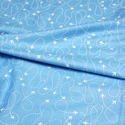 Tissu popeline coton bleu aux avions et lignes de vol, collection VOYAGE - TissusPapi.com