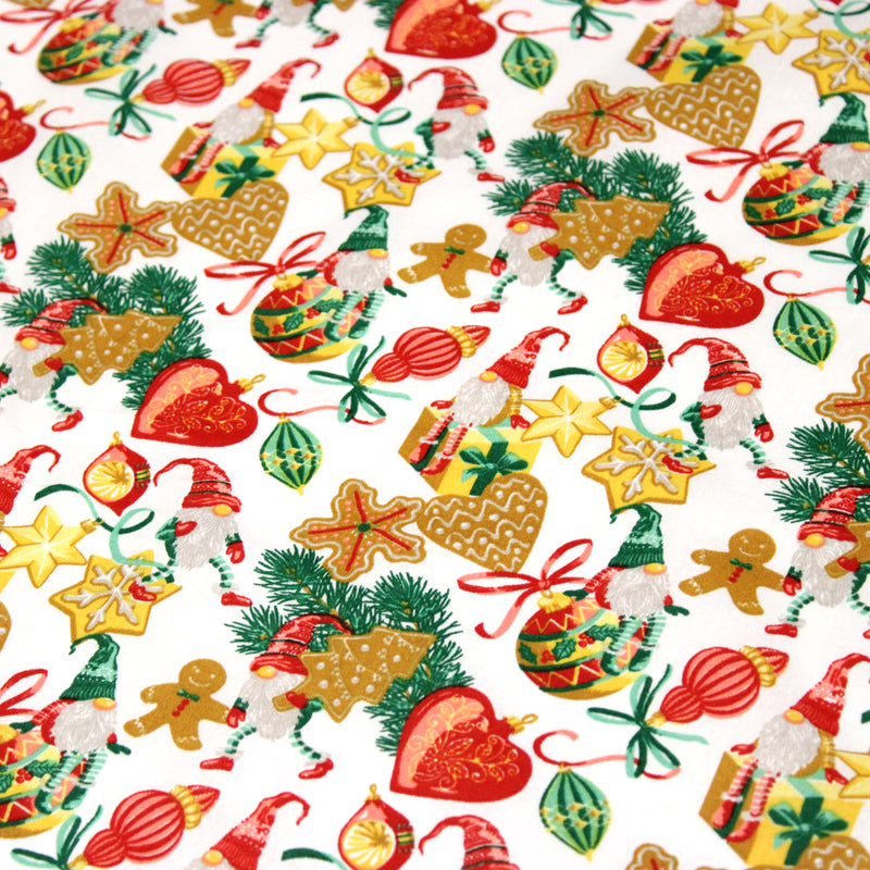 Tissu cotonnade de NOËL – Gnomes et douceurs de fête, fond blanc - OEKO-TEX STANDARD 100