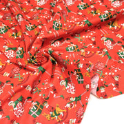 Tissu cotonnade de NOËL – La farandole des lutins, fond rouge - OEKO-TEX STANDARD 100 - TissusPapi.com