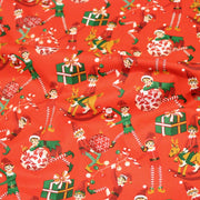 Tissu cotonnade de NOËL – La farandole des lutins, fond rouge - OEKO-TEX STANDARD 100 - TissusPapi.com