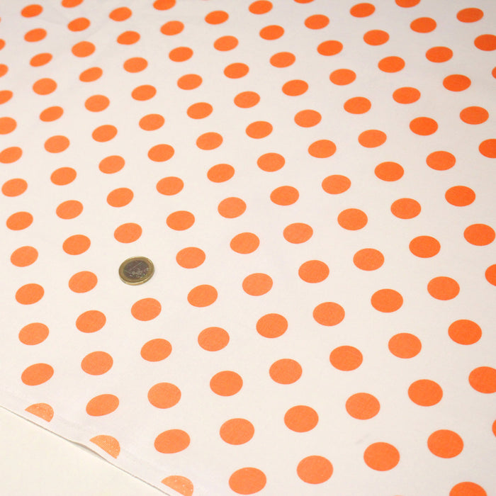 Tissu coton blanc à pois oranges 18mm - COLLECTION POLKA DOT