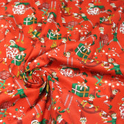 Tissu cotonnade de NOËL – La farandole des lutins, fond rouge - OEKO-TEX STANDARD 100 - TissusPapi.com