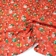 Tissu cotonnade de NOËL – La farandole des lutins, fond rouge - OEKO-TEX STANDARD 100 - TissusPapi.com