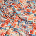 Tissu popeline coton, les autocollants de voyages, tons orange et bleus - TissusPapi.com