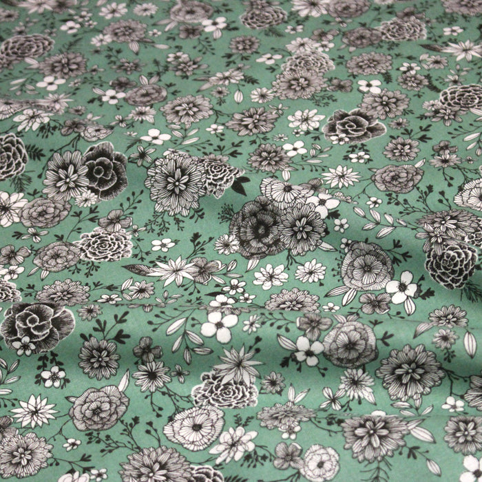 Tissu coton vert sauge & imprimé fleuri noir et blanc - COLLECTION SIRACUSA