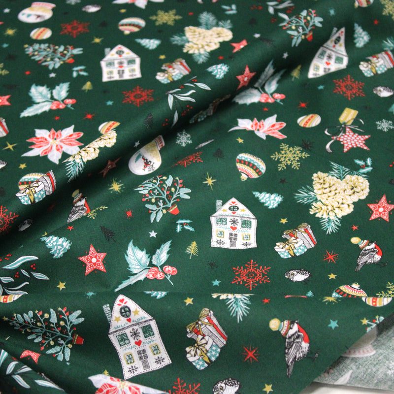 Tissu cotonnade de NOËL – Les beaux objets de Noël, fond vert sapin - OEKO-TEX STANDARD 100