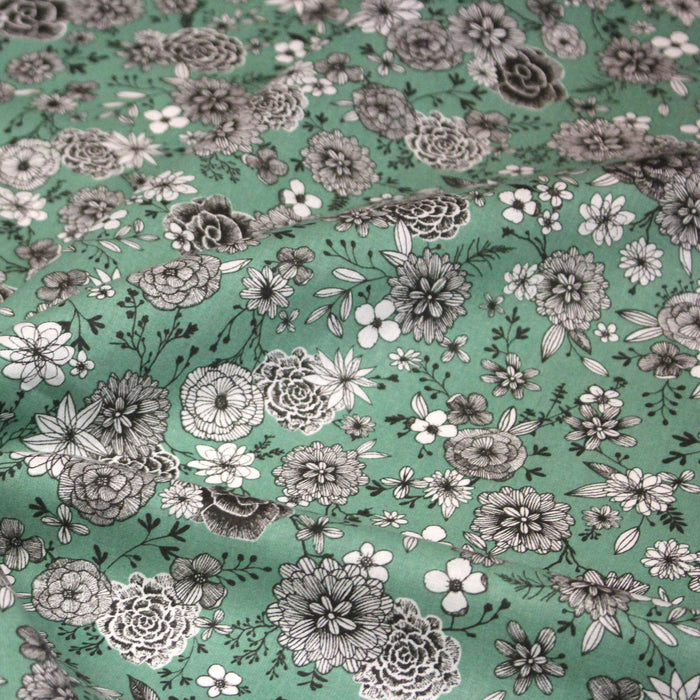 Tissu coton vert sauge & imprimé fleuri noir et blanc - COLLECTION SIRACUSA