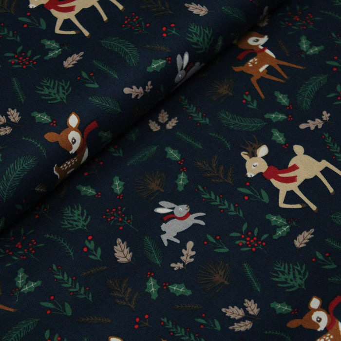 Tissu de coton de Noël bleu marine aux faons Bambi, lapins, rennes et feuilles de houx - COLLECTION NOËL - OEKO-TEX