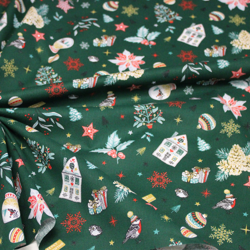 Tissu cotonnade de NOËL – Les beaux objets de Noël, fond vert sapin - OEKO-TEX STANDARD 100