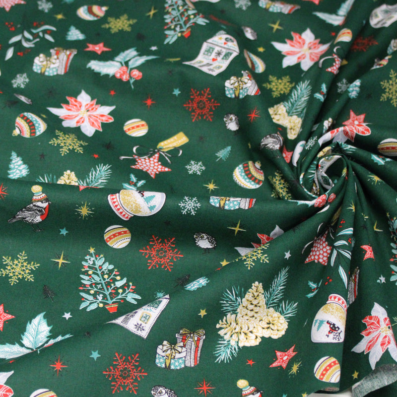 Tissu cotonnade de NOËL – Les beaux objets de Noël, fond vert sapin - OEKO-TEX STANDARD 100