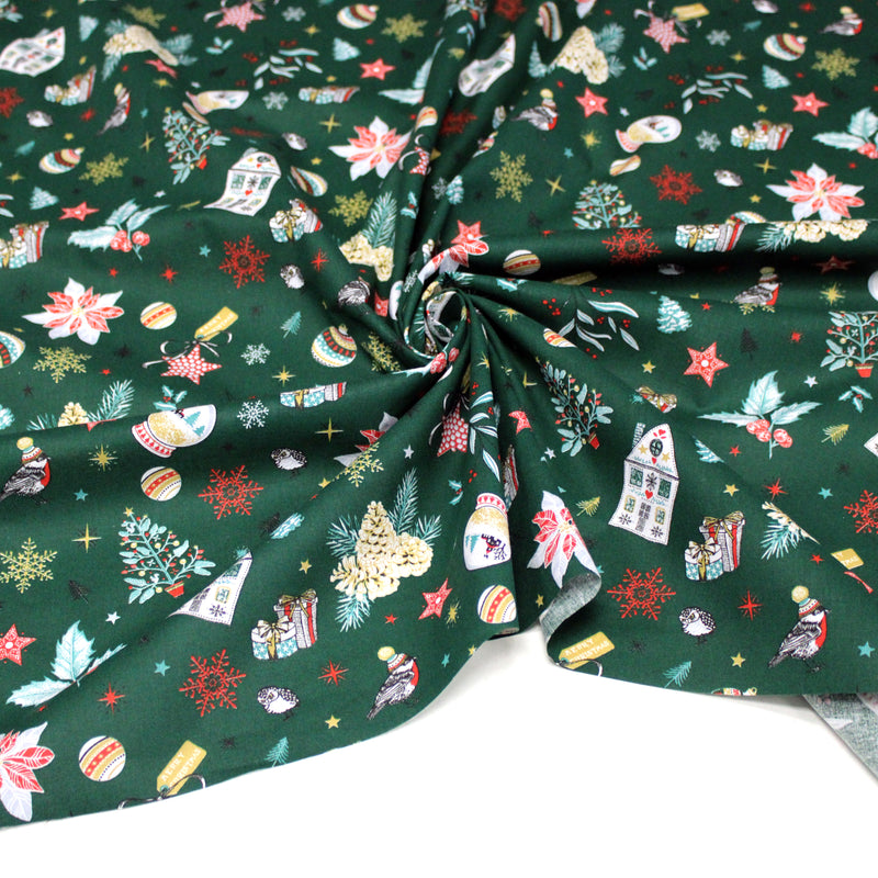 Tissu cotonnade de NOËL – Les beaux objets de Noël, fond vert sapin - OEKO-TEX STANDARD 100