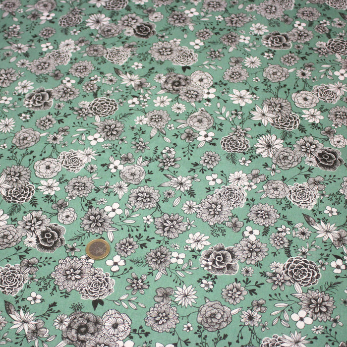 Tissu coton vert sauge & imprimé fleuri noir et blanc - COLLECTION SIRACUSA