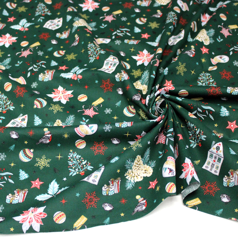 Tissu cotonnade de NOËL – Les beaux objets de Noël, fond vert sapin - OEKO-TEX STANDARD 100