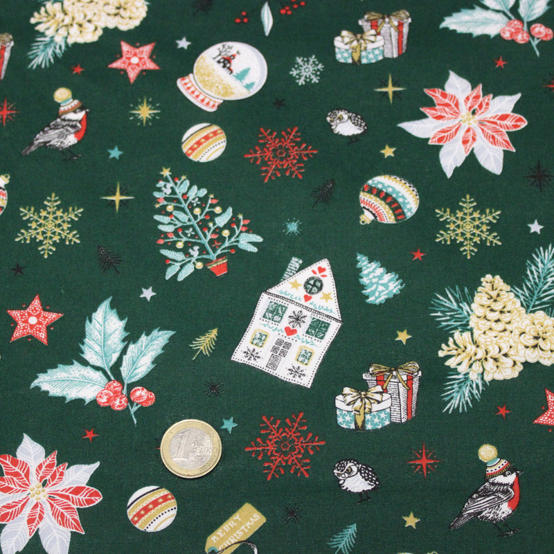 Tissu cotonnade de NOËL – Les beaux objets de Noël, fond vert sapin - OEKO-TEX STANDARD 100