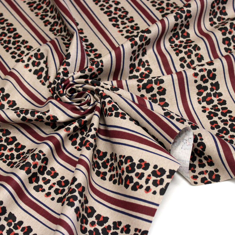 Tissu coton demi-natté LEOPARD & rayures bordeaux et bleues, fond lin - OEKO-TEX STANDARD 100
