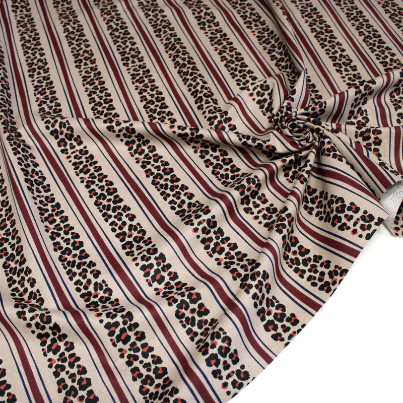 Tissu coton demi-natté LEOPARD & rayures bordeaux et bleues, fond lin - OEKO-TEX STANDARD 100