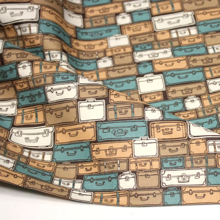 Tissu popeline coton, les valises & malettes, tons ocres & bleus - Collection VOYAGE - TissusPapi.com