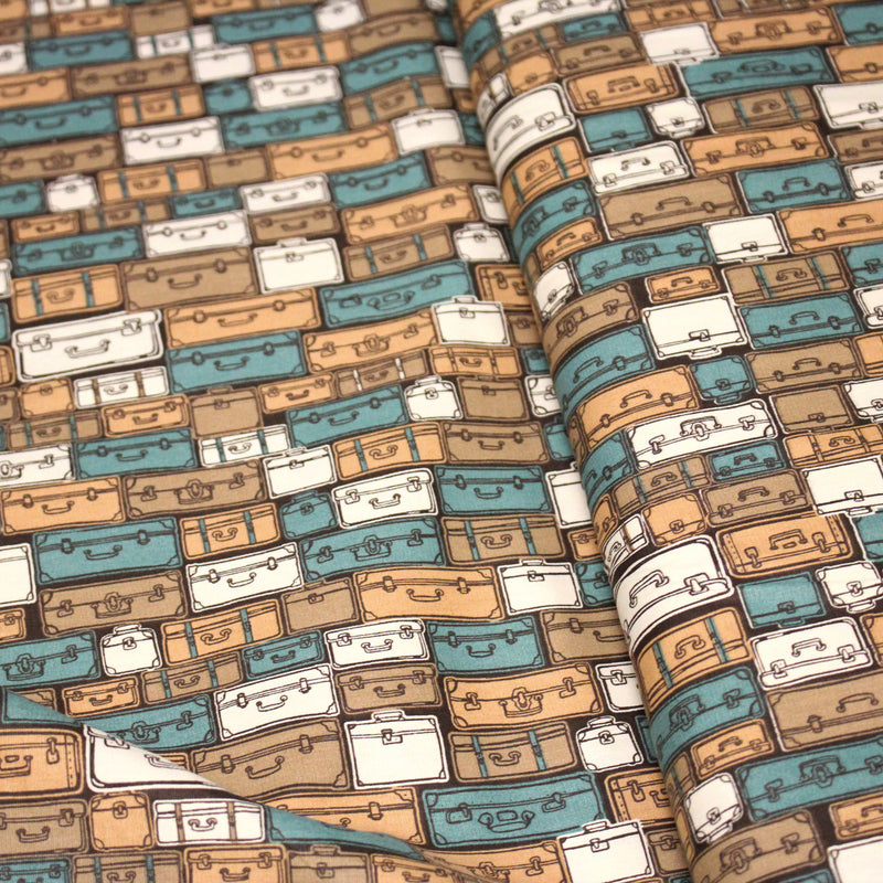 Tissu popeline coton, les valises & malettes, tons ocres & bleus - Collection VOYAGE - TissusPapi.com