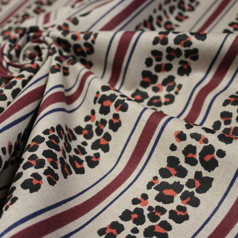 Tissu coton demi-natté LEOPARD & rayures bordeaux et bleues, fond lin - OEKO-TEX STANDARD 100