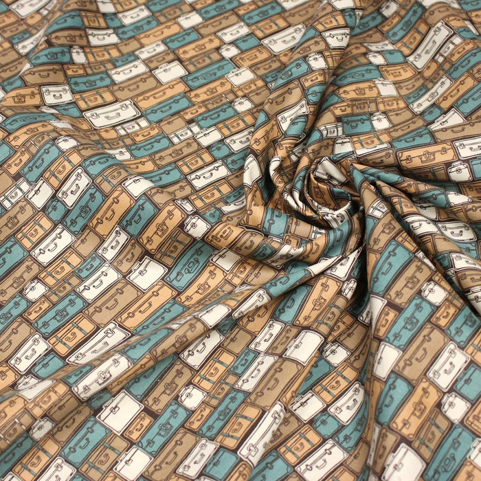 Tissu popeline coton, les valises & malettes, tons ocres & bleus - Collection VOYAGE - TissusPapi.com