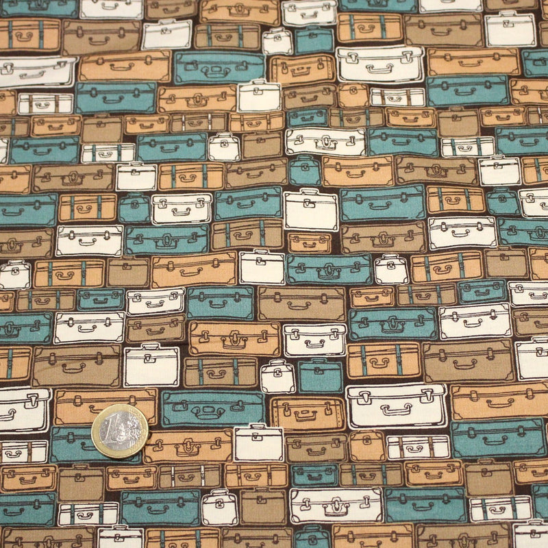 Tissu popeline coton, les valises & malettes, tons ocres & bleus - Collection VOYAGE - TissusPapi.com