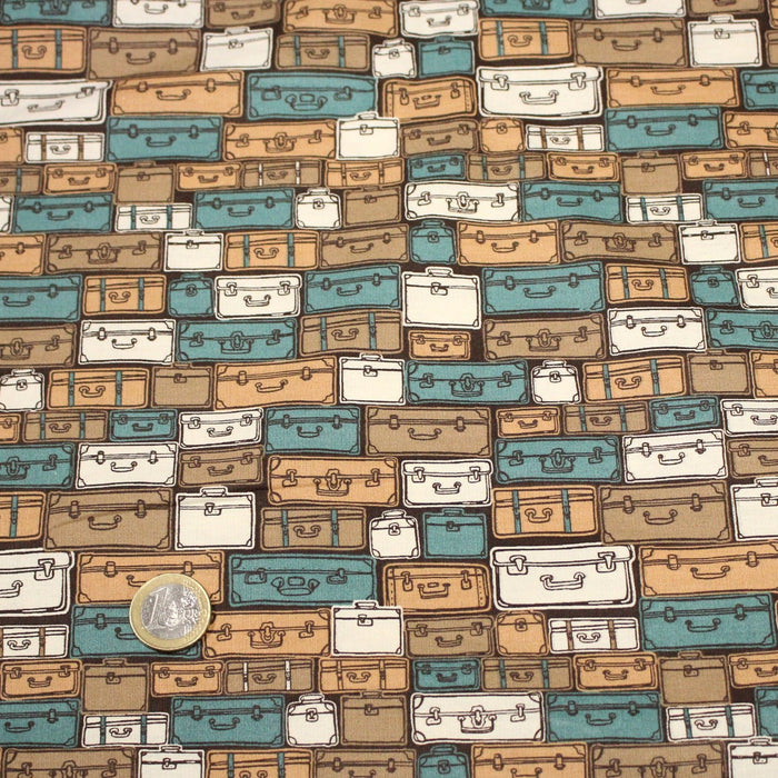 Tissu popeline coton, les valises & malettes, tons ocres & bleus - Collection VOYAGE - TissusPapi.com
