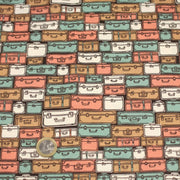 Tissu popeline coton, les valises & malettes, tons corail & vert amande - Collection VOYAGE - TissusPapi.com