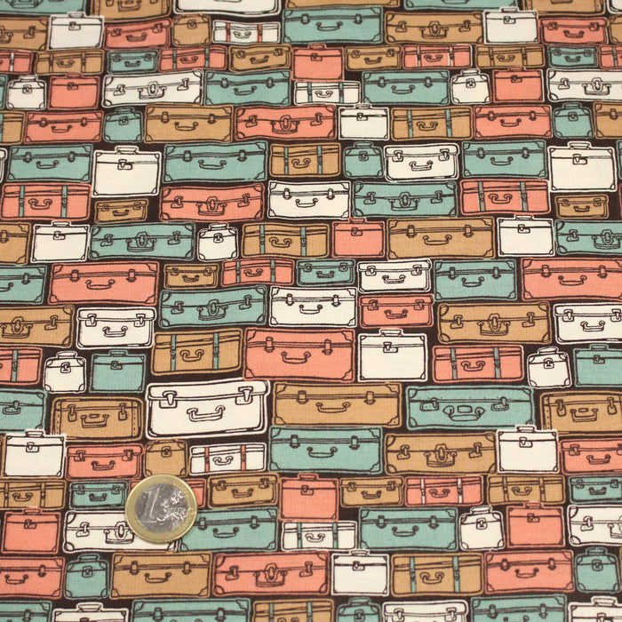 Tissu popeline coton, les valises & malettes, tons corail & vert amande - Collection VOYAGE - TissusPapi.com