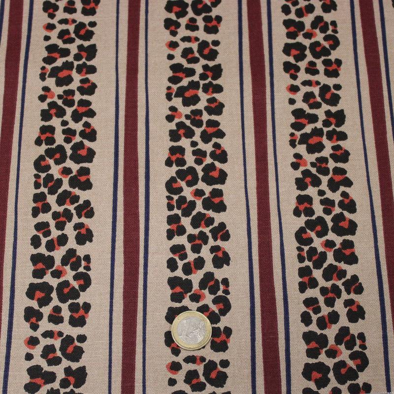 Tissu coton demi-natté LEOPARD & rayures bordeaux et bleues, fond lin - OEKO-TEX STANDARD 100