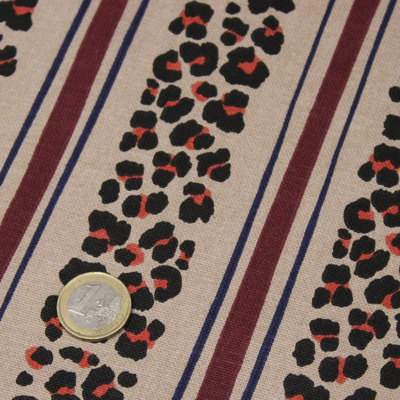 Tissu coton demi-natté LEOPARD & rayures bordeaux et bleues, fond lin - OEKO-TEX STANDARD 100