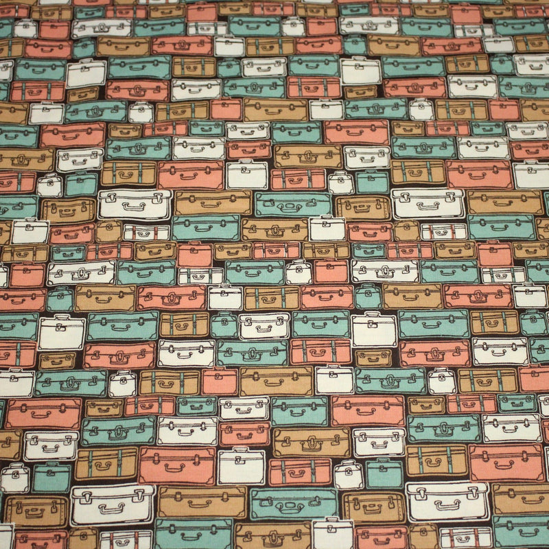 Tissu popeline coton, les valises & malettes, tons corail & vert amande - Collection VOYAGE - TissusPapi.com