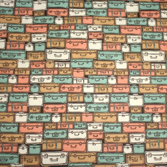 Tissu popeline coton, les valises & malettes, tons corail & vert amande - Collection VOYAGE - TissusPapi.com