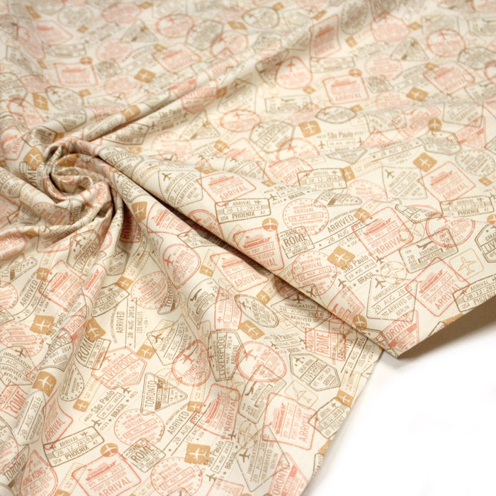Tissu popeline coton, les tampons de passeport, collection VOYAGE - TissusPapi.com