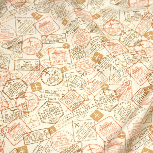 Tissu popeline coton, les tampons de passeport, collection VOYAGE - TissusPapi.com