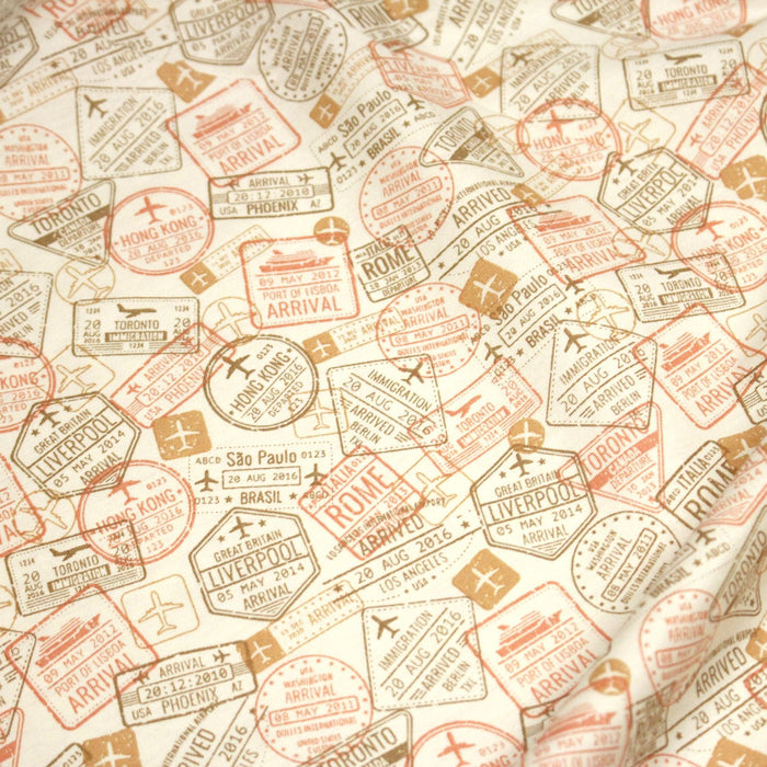 Tissu popeline coton, les tampons de passeport, collection VOYAGE - TissusPapi.com